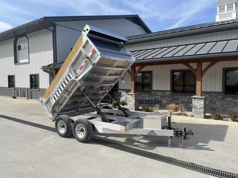 2026 Nordtek 75"x10' Aluminum Dump Trailer 9990# GVW * 3' SIDES * 7GA FLOOR * ALUMINUM TOOLBOX * ALUMINUM WHEELS * DROP LEG JACK * 6" TONGUE AND FRAME * RAMPS INCLUDED * KEYWAY IN SIDES * DELUXE TARP KIT