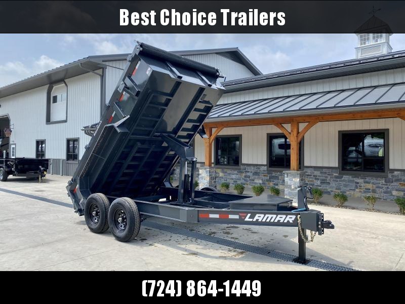 2023 Lamar 7x12' Dump Trailer 14000# GVW * 7GA FLOOR * TARP KIT * UNDERMOUNT RAMPS * SCISSOR HOIST * 12K JACK * CHARCOAL WITH BLACK WHEELS * RIGID RAILS * HD COUPLER * NESTLED I-BEAM FRAME 28" H * 3-WAY GATE * 12" O.C. C/M * SPARE MOUNT 2023 Lamar 7x12' Dump Trailer 14000# GVW * 7GA FLOOR * TARP KIT * UNDERMOUNT RAMPS * SCISSOR HOIST * 12K JACK * CHARCOAL WITH BLACK WHEELS * RIGID RAILS * HD COUPLER * NESTLED I-BEAM FRAME 28" H * 3-WAY GATE * 12" O.C. C/M * SPARE MOUNT