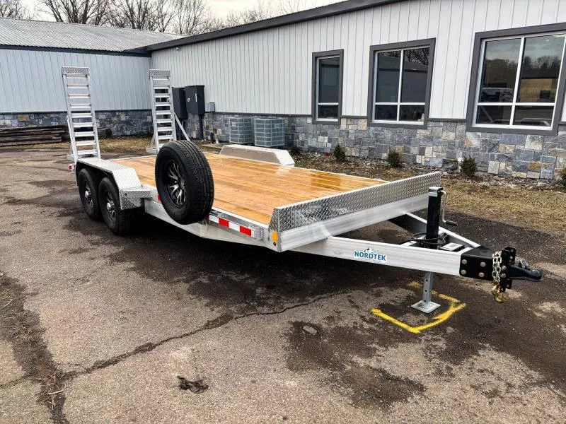 2026 Nordtek 7x18' Aluminum Equipment Trailer 9990# GVW * ALUMINUM STAND UP RAMPS * ALUMINUM WHEELS + MATCHING SPARE * 6" TONGUE AND FRAME * 3" CHANNEL C/M, 16" O.C * STAKE POCKETS/RUBRAIL * 7K DROP LEG JACK * ADJUSTABLE COUPLER