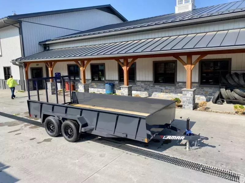 2026 Lamar 7x16' High Side Utility Landscape Trailer 7000# GVW * 24" SOLID METAL SIDES * 7K DROP LEG JACK * CHARCOAL * HD GATE/2X2" TUBE C/M + SPRING ASSIST * COLD WEATHER HARNESS * 4" CHANNEL TONGUE AND FRAME