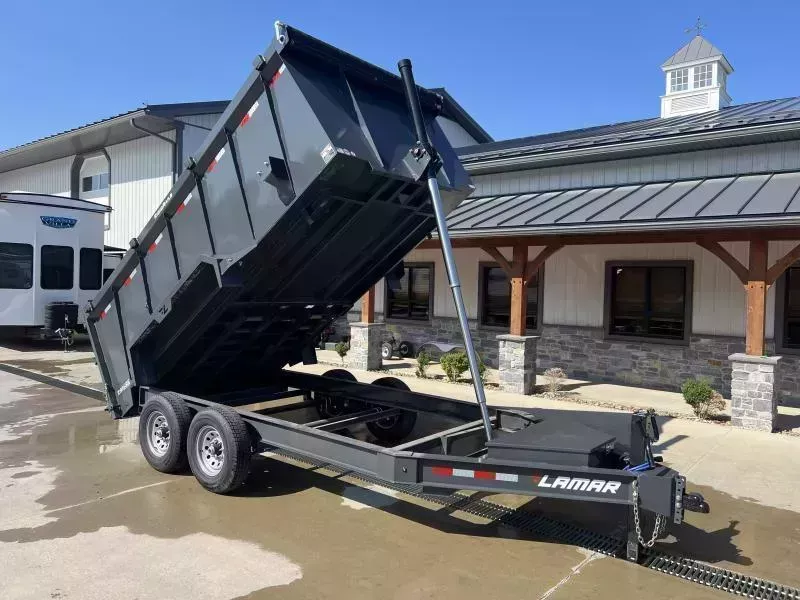 2026 Lamar 7x14' High Side Dump Trailer 14000# GVW * 11-TON 144" STROKE TELESCOPIC HOIST * 4' HIGH SIDES * 7GA FLOOR * TARP KIT * UNDERMOUNT RAMPS * 12K JACK * CHARCOAL * RIGID RAILS * HD COUPLER * NESTLED I-BEAM FRAME * COMBO GATE * 12" O.C. C/M