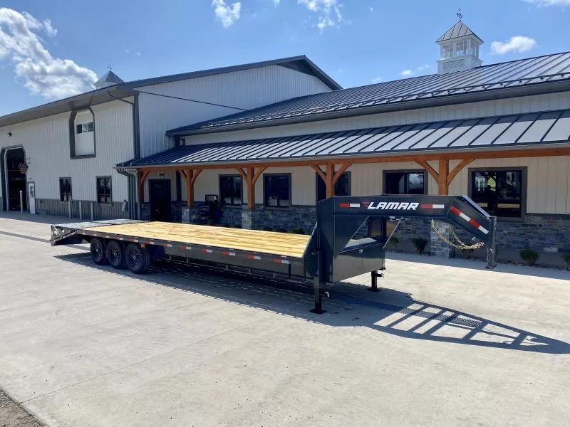2025 Lamar 102x25' Gooseneck Beavertail Deckover Trailer 21000# GVW * FULL WIDTH (STAND UP OR FLIPOVER) RAMPS * 12" I-BEAM FRAME * FRONT TOOLBOX * DUAL JACKS * CHARCOAL * 16" O.C. C/M * RUBRAIL/STAKE POCKETS/PIPE SPOOLS