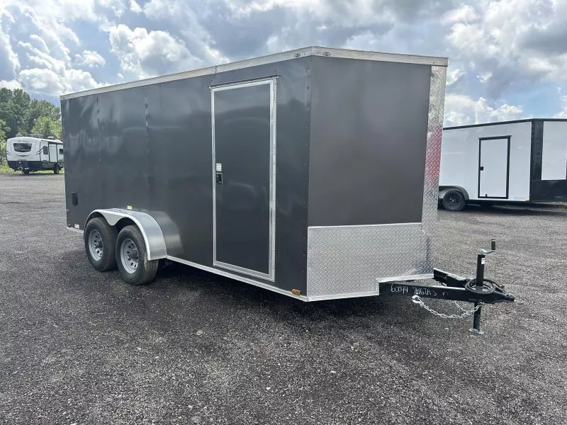 2025 Quality 7x16' Tandem Axle Enclosed Cargo Trailer 9990# GVW * CHARCOAL EXTERIOR * RAMP DOOR * PLYWOOD WALLS & FLOORS * TUBE WALL AND CEILING STUDS * LED LIGHTS * 16" O.C. WALL AND FLOORS * RV DOOR * V-NOSE