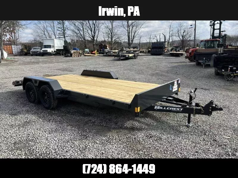 2026 Hillcrest Trailers 7x18' Car Hauler Trailer 7000 GVW * 5" CHANNEL TONGUE & FRAME * CHARCOAL POWER COAT * ADJUSTABLE COUPLER * SET BACK JACK * TRIPLE TUBE TONGUE * REAR SLIDE OUT RAMPS * 4 D-RINGS * 3" CHANNEL CROSSMEMBERS * REMOVABLE FENDERS 1750183940
