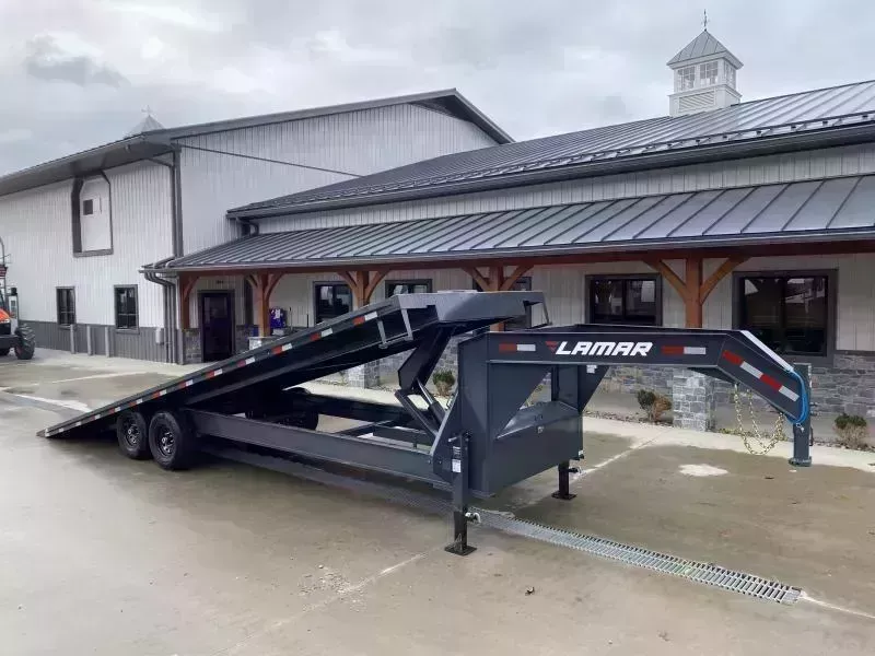 2026 Lamar 102x26' Gooseneck Deckover Power Tilt Trailer 14000# GVW * SCISSOR HOIST UPGRADE * SPARE TIRE * FRONT TOOLBOX * CHARCOAL POWDERCOAT * 10" I-BEAM FRAME+NECK * 6" CHANNEL BED RUNNER * WINCH PLATE * DUAL JACKS