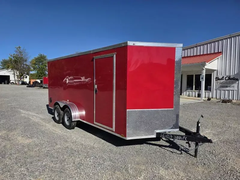 2026 Quality 7x14' Tandem Axle Enclosed Cargo Trailer 9990# GVW * 5200# AXLES * RED .080 POLYCOR EXTERIOR * SEMI-SCREWLESS * RAMP DOOR * PLYWOOD WALLS & FLOORS * TUBE WALL AND CEILING STUDS * LED LIGHTS * 16" O.C. WALL AND FLOORS * RV DOOR * V-NOSE