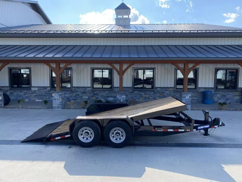 2025 Sure-Trac 7x16' Gravity Tilt Equipment Trailer 14000# GVW * 12K JACK * DROP AXLES/LOW LOAD ANGLE * RUBRAIL/STAKE POCKETS/D-RINGS * HD FENDERS * ADJUSTABLE CAST COUPLER * SPARE MOUNT