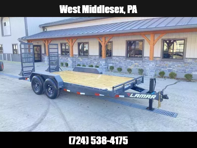 2026 Lamar 7x18' Equipment Trailer 14000# GVW * DELUXE OVERWIDTH RAMPS W/ HEAVY MESH * CHARCOAL POWDERCOAT * RUBRAIL/STAKE POCKETS/PIPE SPOOLS/D-RINGS * REM FENDERS * 12K JACK * CAST COUPLER * SPRING ASSIST * COLD WEATHER HARNESS 1759945177