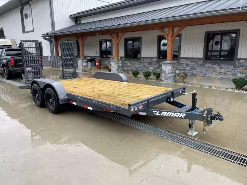 2025 Lamar 7x18' Equipment Trailer 9990# GVW * DELUXE OVERWIDTH RAMPS W/ HEAVY MESH * CHARCOAL POWDERCOAT * RUBRAIL/STAKE POCKETS * REMOVABLE FENDERS * 7K JACK * ADJUSTABLE CAST COUPLER * SPRING ASSIST RAMPS * COLD WEATHER HARNESS * DIAMOND PLATE DOVETAIL