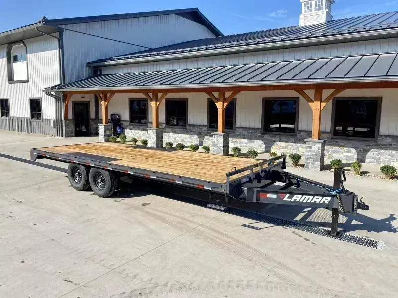 2026 Lamar 102x20' Flatbed Deckover Trailer 14000# GVW * 8' SLIDE IN RAMPS * CHARCOAL * TOOL TRAY * HD CAST COUPLER * I-BEAM FRAME * 16" O.C. C/M * RUBRAIL/STAKE POCKETS/PIPE SPOOLS * CHANNEL SIDE RAIL * 12K JACK