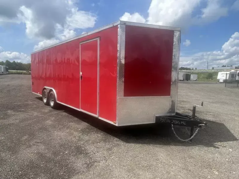 2026 Quality 8.5x24' Enclosed Car Hauler Trailer 14000# GVW * RED EXTERIOR * 7000# AXLES * .080 POLYCOR SEMI-SCREWLESS EXTERIOR * HD RAMP DOOR * PLYWOOD WALLS & FLOORS * TUBE WALL AND CEILING STUDS * LED LIGHTS * 16" O.C. WALL AND FLOORS * RV DOOR