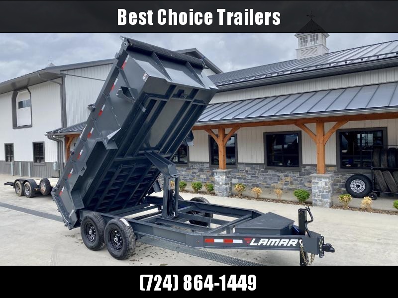 2022 Lamar 7x14' High Side Dump Trailer 14000# GVW * 3' HIGH SIDES * 7GA FLOOR * TARP KIT * UNDERMOUNT RAMPS * SCISSOR HOIST * 12K JACK * CHARCOAL * RIGID RAILS * HD COUPLER * NESTLED I-BEAM FRAME * 3-WAY GATE * 12" O.C. C/M * SPARE MOUNT * CLEARANCE 2022 Lamar 7x14' High Side Dump Trailer 14000# GVW * 3' HIGH SIDES * 7GA FLOOR * TARP KIT * UNDERMOUNT RAMPS * SCISSOR HOIST * 12K JACK * CHARCOAL * RIGID RAILS * HD COUPLER * NESTLED I-BEAM FRAME * 3-WAY GATE * 12" O.C. C/M * SPARE MOUNT * CLEARANCE