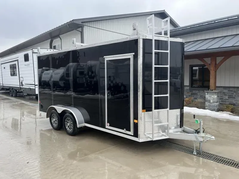 2026 E-Z Hauler 7x14' Contractor Package Aluminum Enclosed Cargo Trailer 7000# GVW * +6" HEIGHT/7' INTERIOR * BLACK .080 POLYCOR SCREWLESS EXTERIOR * 3 HEAVY DUTY LADDER RACKS * FRONT LADDER * ALUMINUM WHEELS * 1 PC ROOF * RAMP DOOR