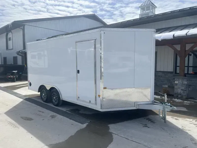 2026 E-Z Hauler 8.5x16' Aluminum Enclosed Car Hauler 7000# GVW * CHARCOAL .080 POLYCOR EXTERIOR * ALUMINUM WHEELS * ALUMINUM FRAME * 16" O/C * SCREWLESS * ONE PC ROOF