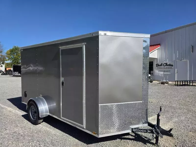 2025 Quality Cargo 6x12 Single Axle Enclosed Cargo Trailer 2990# GVW * 6'3 CEILING HEIGHT * SILVER EXTERIOR * PLYWOOD WALLS AND FLOOR * RV DOOR * 16" O.C. * TUBE STUDS * RAMP DOOR * V-NOSE