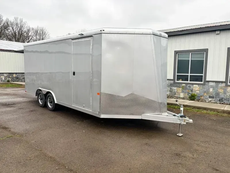 2026 NEO 8.5x18' NAUX Aluminum Enclosed UTV Trailer 7000# GVW * SILVER EXTERIOR * DRT REAR SPOILER * CABLELESS REAR RAMP * NXP LATCH * ROUND TOP/V-NOSE * SCREWLESS * ALUMINUM WHEELS * L-TRACK TIE DOWN SYSTEM * INTEGRATED FRAME