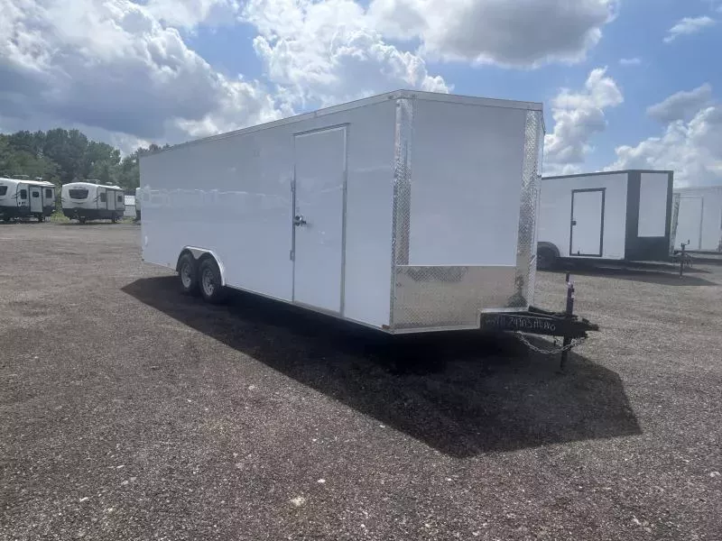 2025 Quality 8.5x24' Enclosed Car Hauler Trailer 9990# GVW * .080 POLYCOR EXTERIOR * +6" HEIGHT/7' INTERIOR * BLACK EXTERIOR * HD RAMP DOOR * PLYWOOD WALLS & FLOORS * TUBE WALL AND CEILING STUDS * LED LIGHTS * 16" O.C. WALL AND FLOORS * RV DOOR * V-NOSE