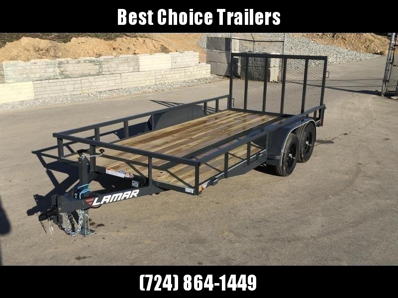 2021 Lamar 7x16' Deluxe Utility Landscape Trailer 7000# GVW * ADJUSTABLE COUPLER * PIPE TOP RAIL * 7K DROP LEG JACK * CHARCOAL * HD GATE/2X2" TUBE C/M + SPRING ASSIST * COLD WEATHER HARNESS * 4" CHANNEL TONGUE * STAKE POCKETS * TEARDROP FENDERS * BULLET L 2021 Lamar 7x16' Deluxe Utility Landscape Trailer 7000# GVW * ADJUSTABLE COUPLER * PIPE TOP RAIL * 7K DROP LEG JACK * CHARCOAL * HD GATE/2X2" TUBE C/M + SPRING ASSIST * COLD WEATHER HARNESS * 4" CHANNEL TONGUE * STAKE POCKETS * TEARDROP FENDERS * BULLET L