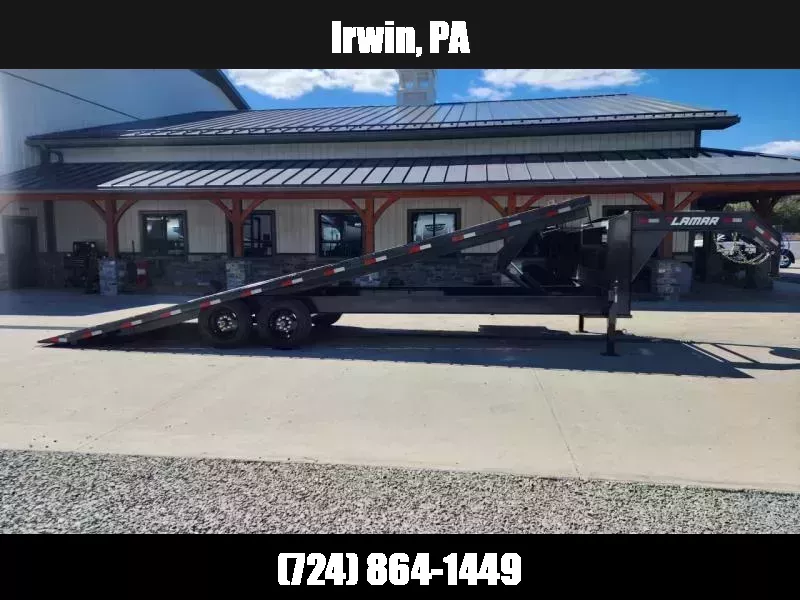2026 Lamar 102x26' Gooseneck Deckover Power Tilt Trailer 16000# GVW * 8000# AXLES * SCISSOR HOIST UPGRADE * FRONT TOOLBOX * CHARCOAL POWDERCOAT * 10" I-BEAM FRAME+NECK * 6" DOUBLE CHANNEL BED RUNNER * WINCH PLATE * DUAL JACKS