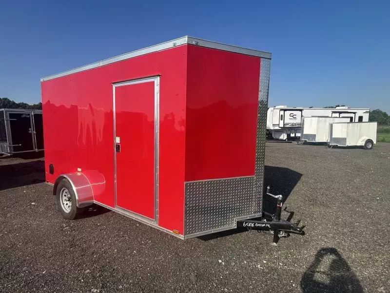2025 Quality Cargo 6x12 Single Axle Enclosed Cargo Trailer 2990# GVW * BARN DOORS * RED .080 POLYCOR EXTERIOR * PLYWOOD WALLS & FLOOR * RV DOOR * 16" O.C. * TUBE STUDS * V-NOSE