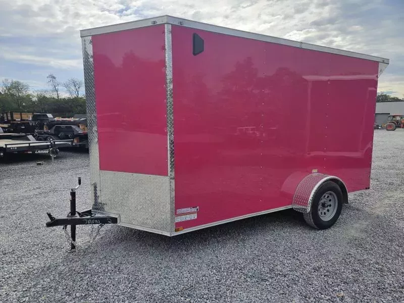 2026 Quality Cargo 6x12 Single Axle Enclosed Cargo Trailer 2990# GVW * 6'9" CEILING HEIGHT * REAR SPOILER + LOADING LIGHTS * .080 POLCYOR * PINK EXTERIOR * PLYWOOD WALLS AND FLOOR * RV DOOR * 16" O.C. * TUBE STUDS * RAMP DOOR * V-NOSE