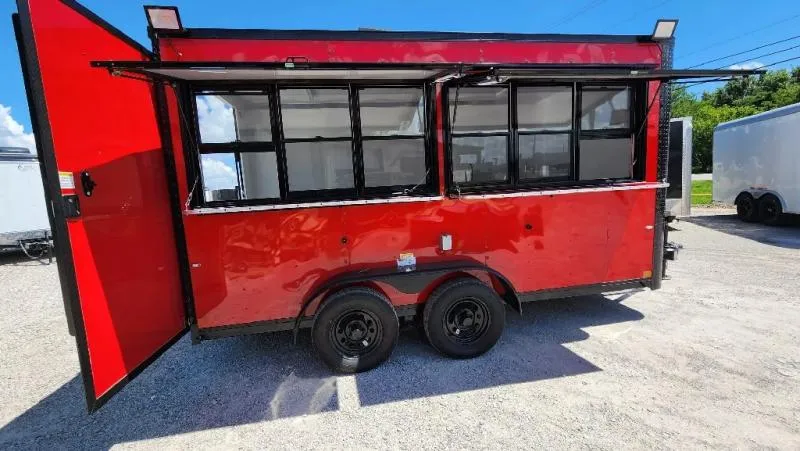 2025 Cargo Craft Red 7x14 Dual Window Concession Trailer (69493) With Water System