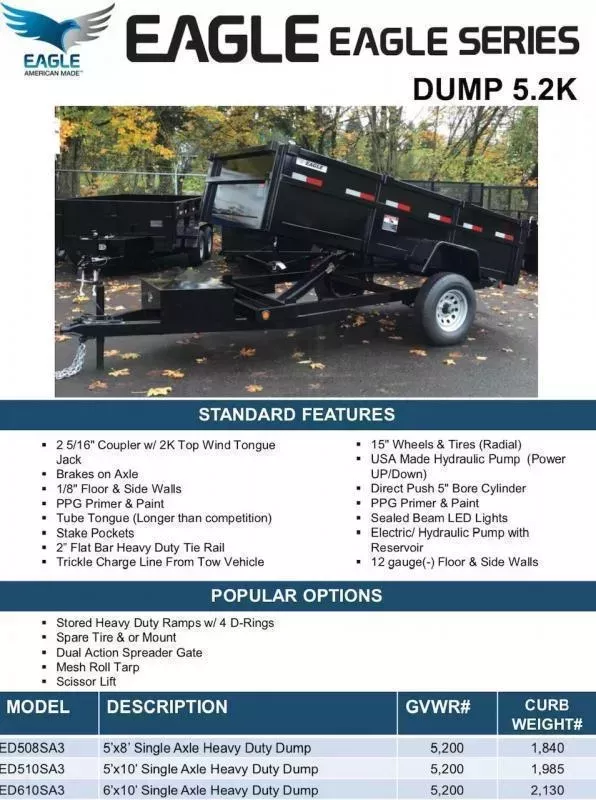 2026 Eagle Trailer 5' x 8' Eagle Single Axle Dump Dump Trailer