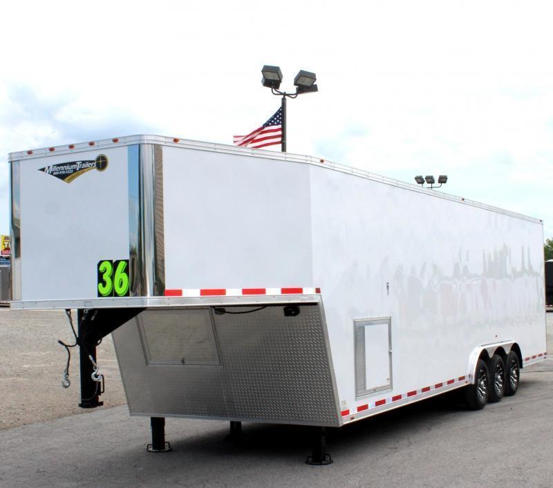 <b>IN PRODUCTION</b> TAPERED NOSE 2022 36' Millennium Silver Gooseneck w/Alum Wheels Hyd Jack Screwless Finished Interior <b>IN PRODUCTION</b> TAPERED NOSE 2022 36' Millennium Silver Gooseneck w/Alum Wheels Hyd Jack Screwless Finished Interior