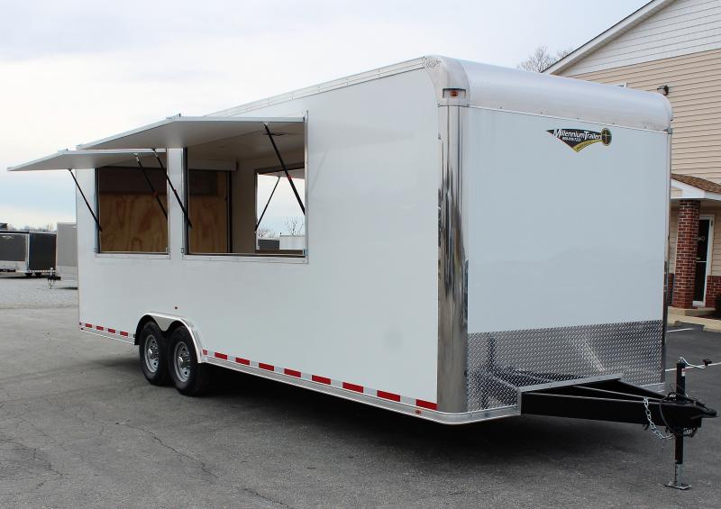<b>REDUCED NOW READY</b> 2022 26' Millennium Silver Vending/Concession Trailer 12" Extra Height & 4 Vendor Doors <b>REDUCED NOW READY</b> 2022 26' Millennium Silver Vending/Concession Trailer 12" Extra Height & 4 Vendor Doors