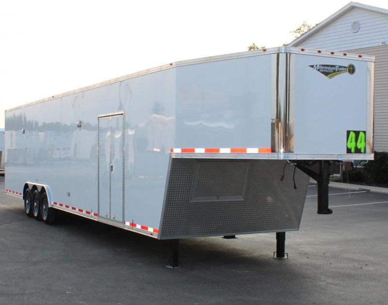 NOW READY! 2021 44' Millennium Silver Gooseneck Race Trailer .040 Screwless Ext./Hydraulic Jack/Cabinets NOW READY! 2021 44' Millennium Silver Gooseneck Race Trailer .040 Screwless Ext./Hydraulic Jack/Cabinets
