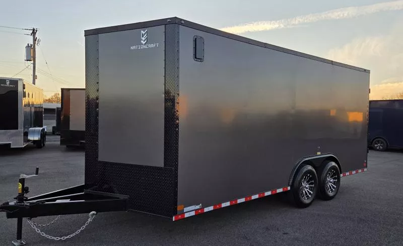 New 2026 8.5x18 - Gray/BlackOut - Barn Door - Screwless .080 PolyCore Ext - 7' Int Ht - 5200 LB Axles Enclosed Trailer / Car Hauler