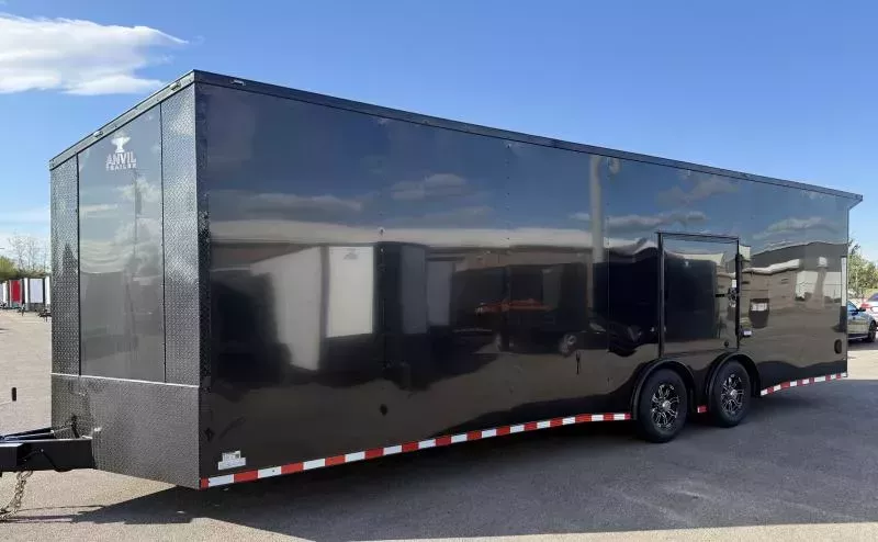 New 2026 8.5x28 - Torsion Spread - BlackOut .080 PolyCore Ext - Wing - Escape Door - 7.5' Int Ht Enclosed Car Hauler Trailer