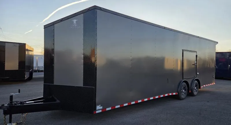 New 2026 8.5x28 - Torsion Spread - Gray/BlackOut .080 PolyCore Ext - Wing - Escape Door - 7.5' Int Ht Enclosed Car Hauler Trailer