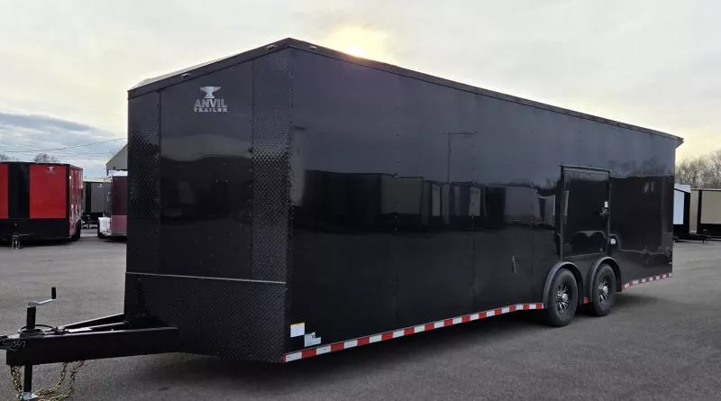 New 2026 8.5x28 - Torsion Spread - BlackOut .080 PolyCore Ext - Wing - Escape Door - 7.5' Int Ht Enclosed Car Hauler Trailer