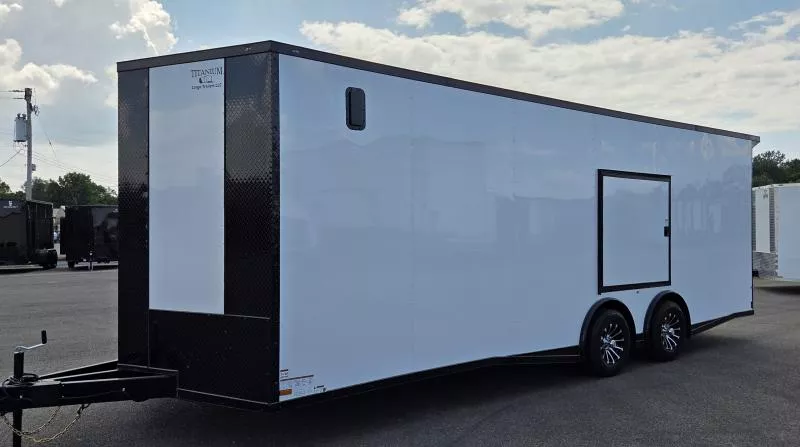 2026 Titanium 8.5x24 Torsion Spread - Escape Door & Wing - White/BlackOut .080 PolyCore Ext Enclosed Trailer / Car Hauler