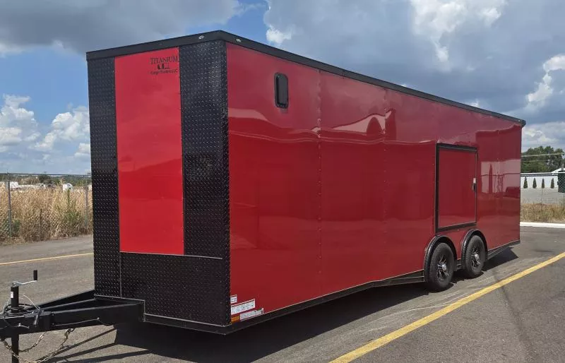 2026 Titanium 8.5x24 Torsion Spread - Escape Door & Wing - Red/BlackOut .080 PolyCore Ext Enclosed Trailer / Car Hauler