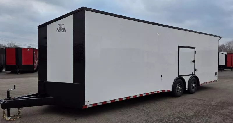 2026 8.5x28 - Torsion Spread - White/BlackOut .080 PolyCore Ext - Wing - Escape Door - 7.5' Int Ht Enclosed Car Hauler Trailer