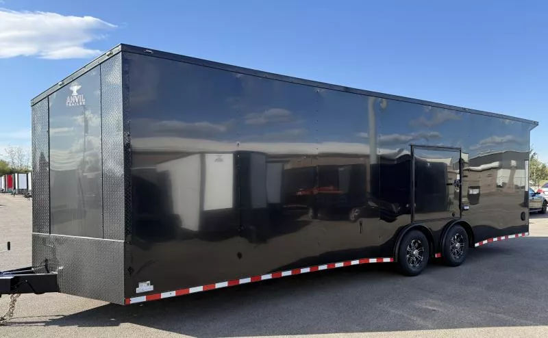 New 2026 8.5x28 - Torsion Spread - BlackOut .080 PolyCore Ext - Wing - Escape Door - 7.5' Int Ht Enclosed Car Hauler Trailer