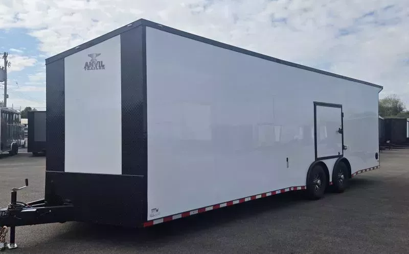 2026 8.5x28 - Torsion Spread - White/BlackOut .080 PolyCore Ext - Wing - Escape Door - 7.5' Int Ht Enclosed Car Hauler Trailer