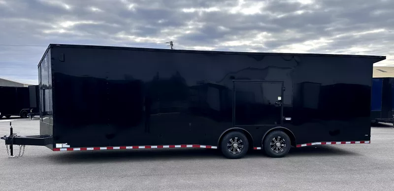 New 2026 8.5x28 - Torsion Spread - BlackOut .080 PolyCore Ext - Wing - Escape Door - 7.5' Int Ht Enclosed Car Hauler Trailer