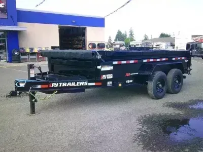 2027 PJ Trailers DL14S 7x14 15.4K Low Profile Dump Tarp Kit Ramps Spreader Gate 7 Ga Floor
