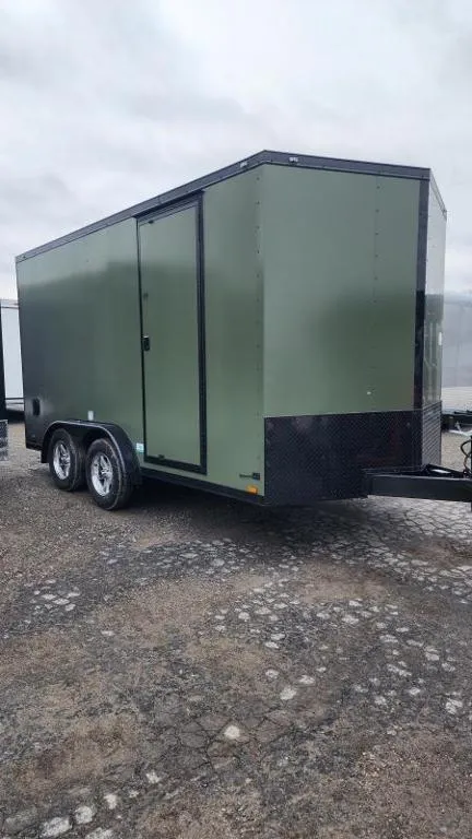 Cargo Mate 7.5X14+12" EXTRA HEIGHT CARGO TRAILER W/REAR RAMP DOOR *ARMY GREEN BLACKOUT PACKAGE**