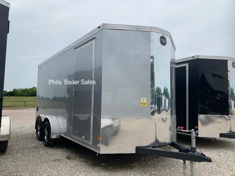 Wells Cargo COMMERCIAL GRADE 7X16 + V NOSE 7 FT INTERIOR ROAD FORCE V Nose Enclosed Cargo Trailer SILVER Wells Cargo COMMERCIAL GRADE 7X16 + V NOSE 7 FT INTERIOR ROAD FORCE V Nose Enclosed Cargo Trailer SILVER