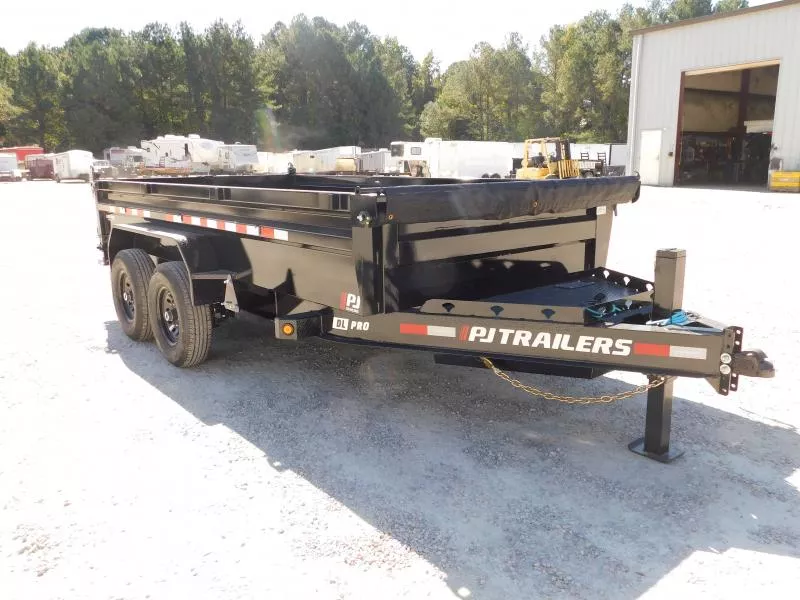 2026 PJ Trailers DL 14 x 83 Low Pro with Tarp Ramps Spare Dump Trailer