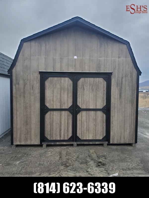 12x16 Super Barn / Driftwood Stain / Black Trim / Rustic Black Shingles