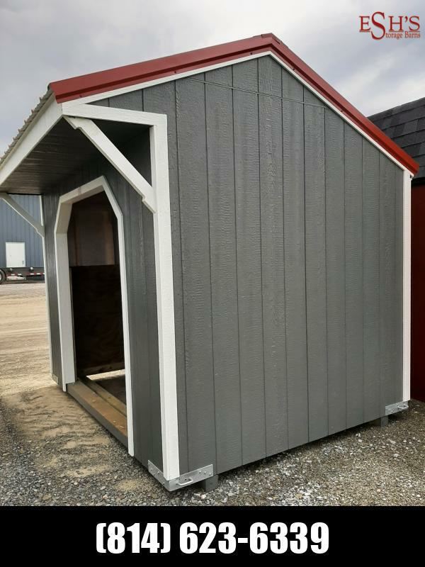 8x10 Run-In / Grizzle Gray / White Trim / Red Metal Roof / Oak Kick Plate |  Eshs Storage Barns | Storage Sheds, barns, outdoor furniture in Bedford PA
