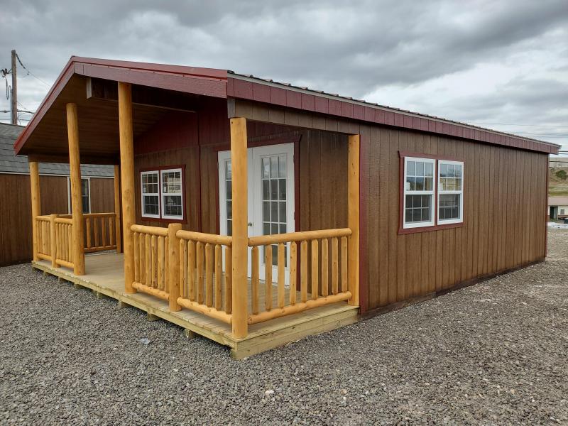 24x28 Double Wide Cottage Cabin - Chestnut Stain - Barn Red Trim - Red Metal Roof - 6' Porch 24x28 Double Wide Cottage Cabin - Chestnut Stain - Barn Red Trim - Red Metal Roof - 6' Porch