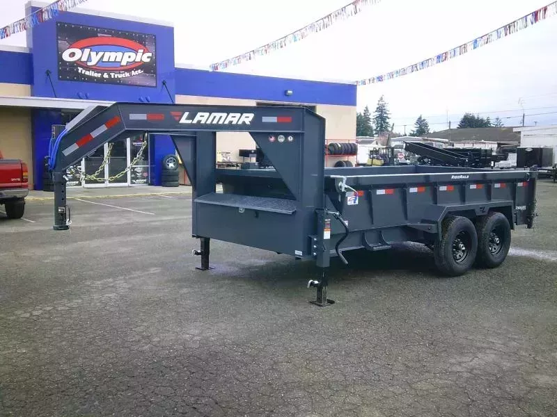 2026 Lamar 7x14 14K Gooseneck Dump Tarp Kit Ramps Spreader Gate 6" Cylinder 7 Ga Floor 3 Way Pump