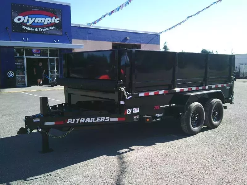 2026 PJ 7x14 14K Low Profile Dump with Tarp Kit / Spreader Gate / Hydraulic Jack / Ramps / Side Ext Kit