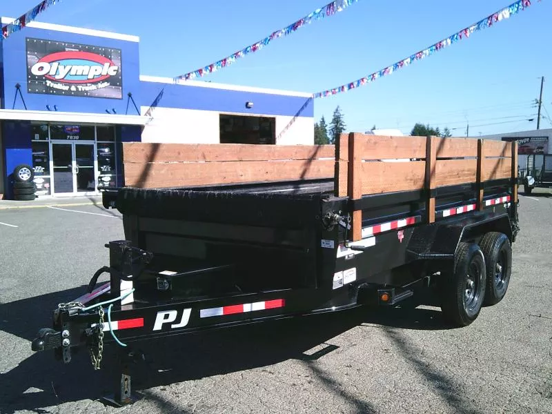 USED 2022 PJ 7x14 14K Low Profile Dump with Tarp Kit / Spreader Gate / 10K Jack / Ramps / Wood Side Extensions